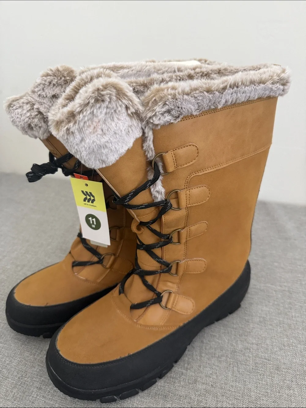All in Motion Tan leather Faux-Fur Lace-Up Winter Boots